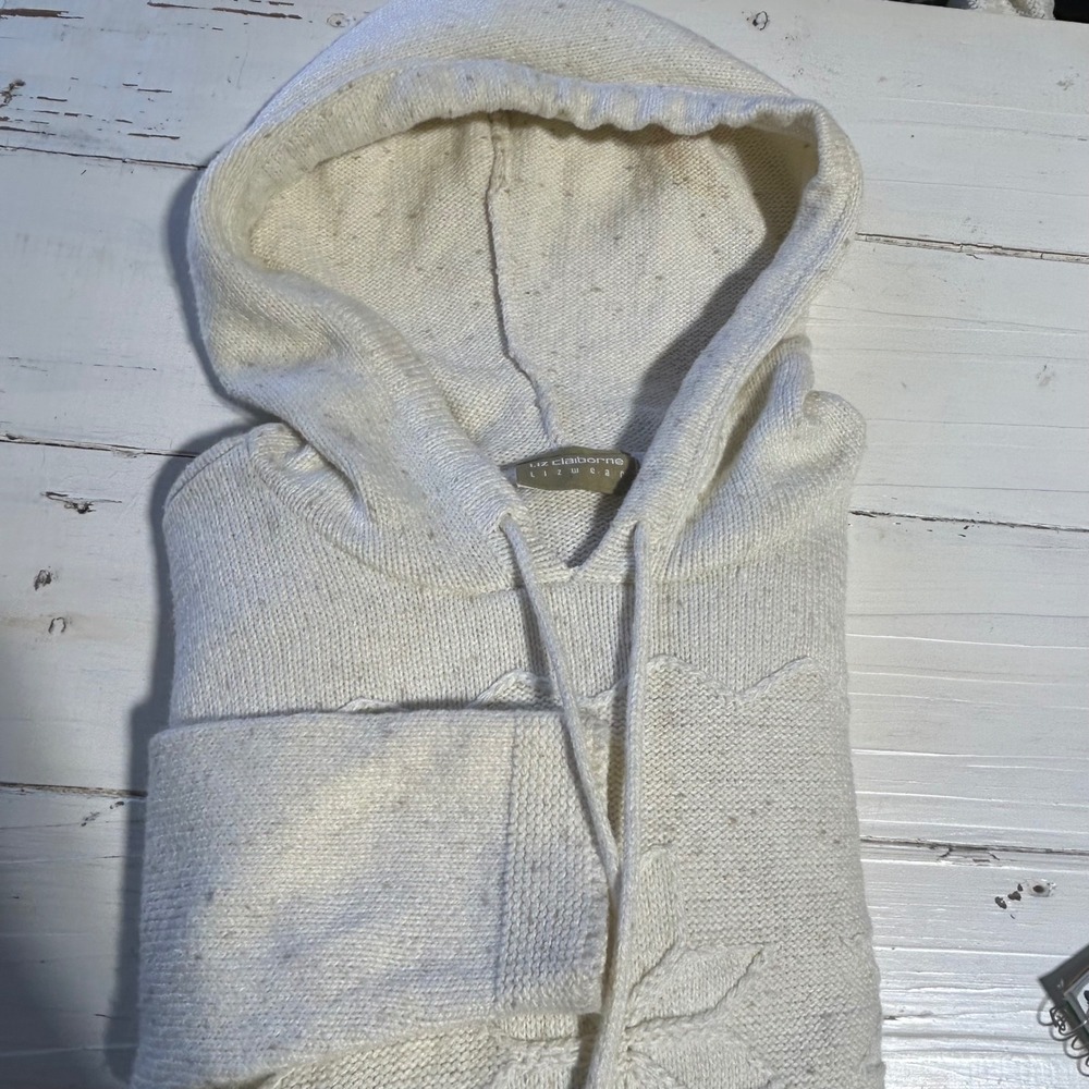 Liz Claiborne Lizwear Cream‎ Floral Knit Hoodie Sweater Womens Medium Snowflake